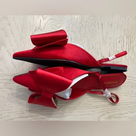 Bamboo Red Satin Bow Chic Pointed Toes Slingback Flats - Picture 2 of 4